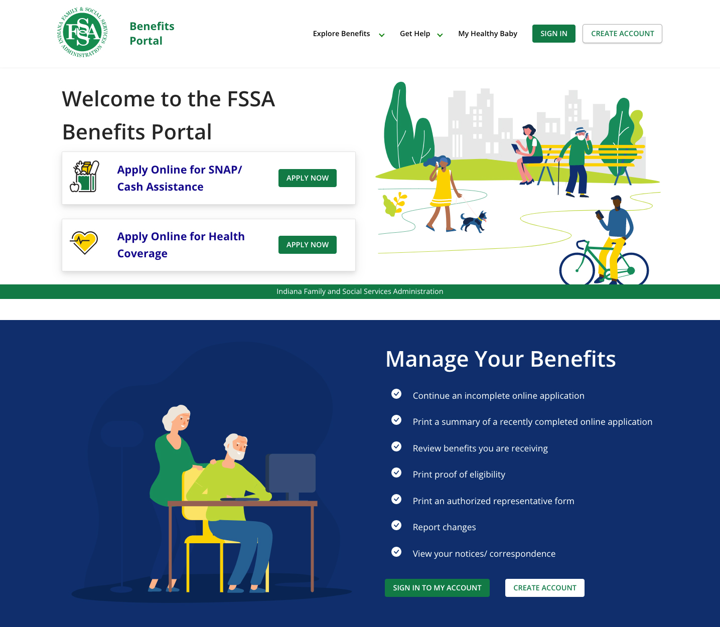 Screenshot of the FSSA Benefits Portal homepage